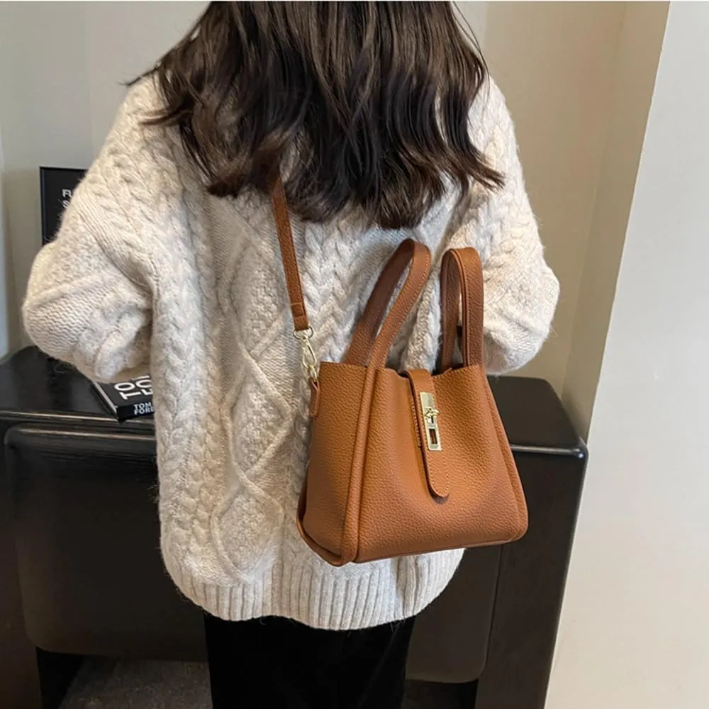 Women's Leather Tote Handbag with Zipper Closure, Shoulder Backpack Stylish Vintage Bucket Bag Crossbody Bag