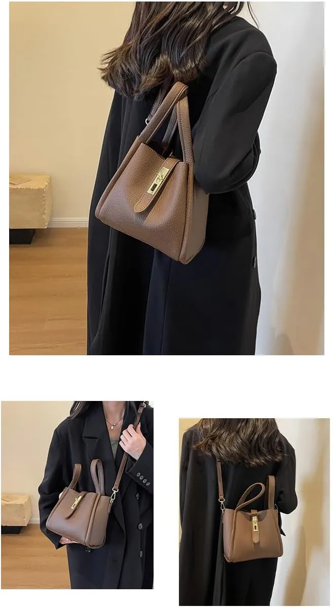Women's Leather Tote Handbag with Zipper Closure, Shoulder Backpack Stylish Vintage Bucket Bag Crossbody Bag