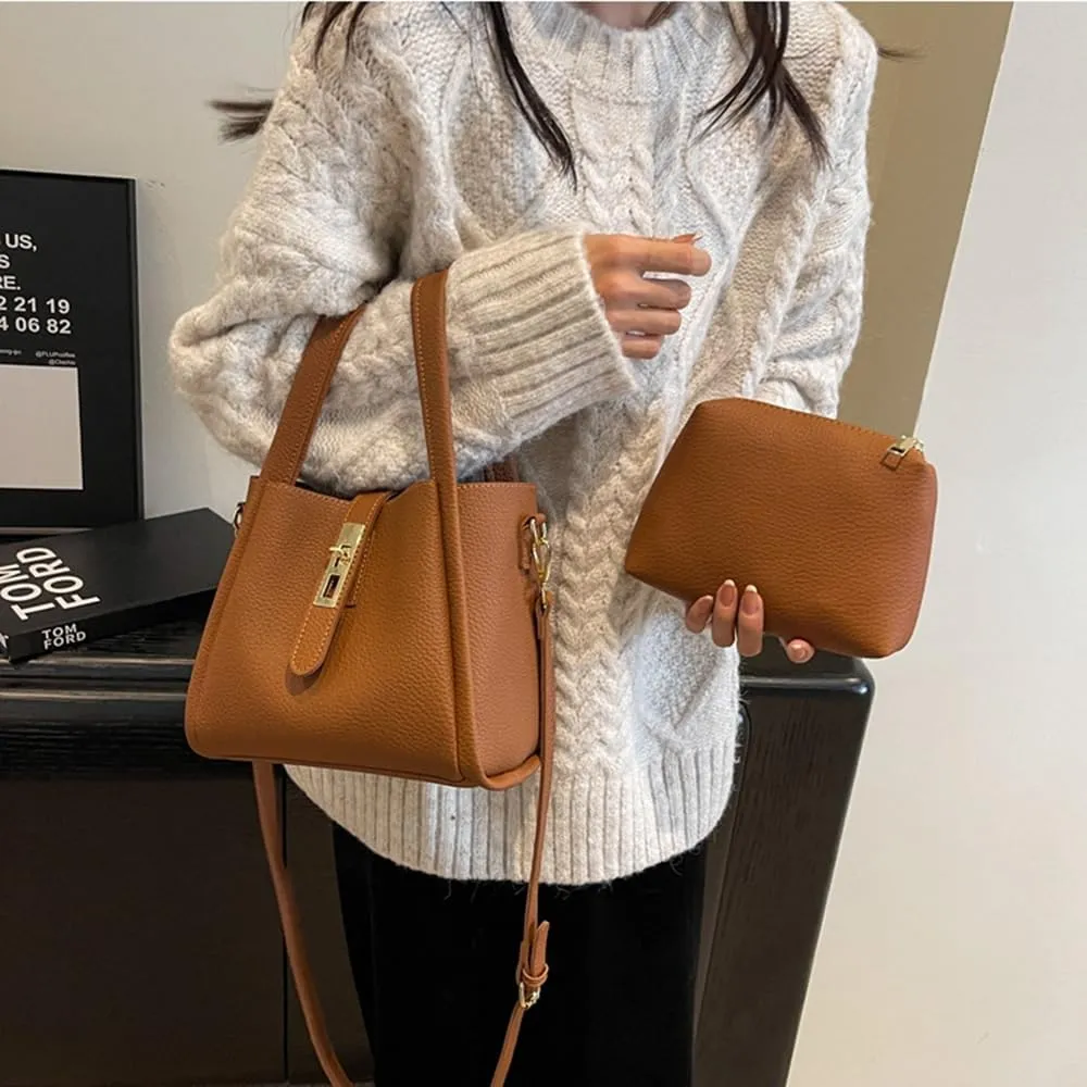 Women's Leather Tote Handbag with Zipper Closure, Shoulder Backpack Stylish Vintage Bucket Bag Crossbody Bag