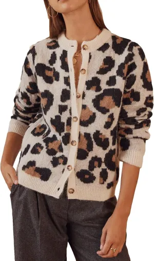 Women's Leopard Print Cardigans Open Front Button Down Long Sleeve Cheetah Print Knit Tops