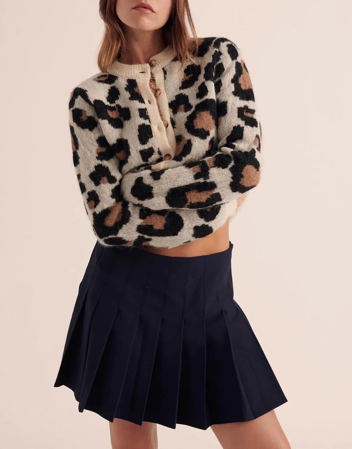 Women's Leopard Print Cardigans Open Front Button Down Long Sleeve Cheetah Print Knit Tops