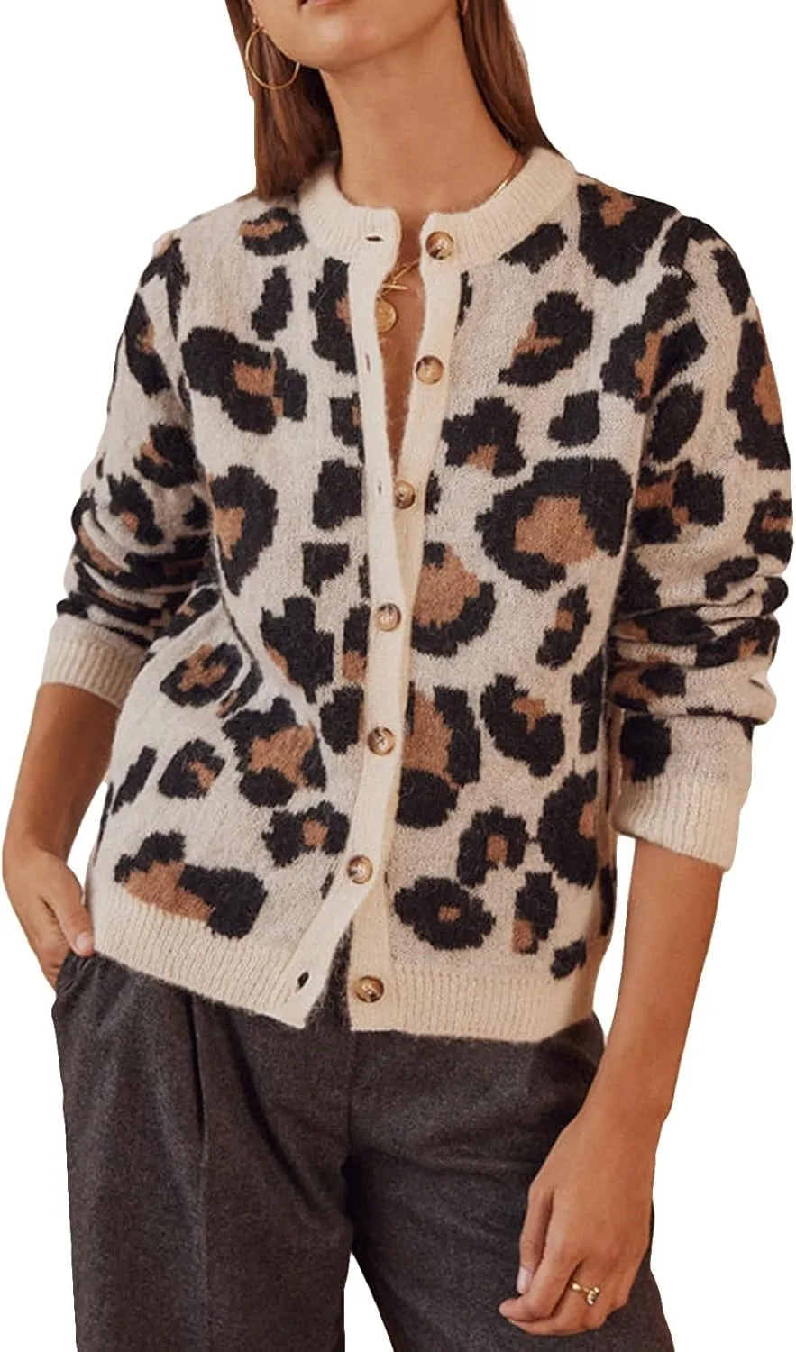 Women's Leopard Print Cardigans Open Front Button Down Long Sleeve Cheetah Print Knit Tops