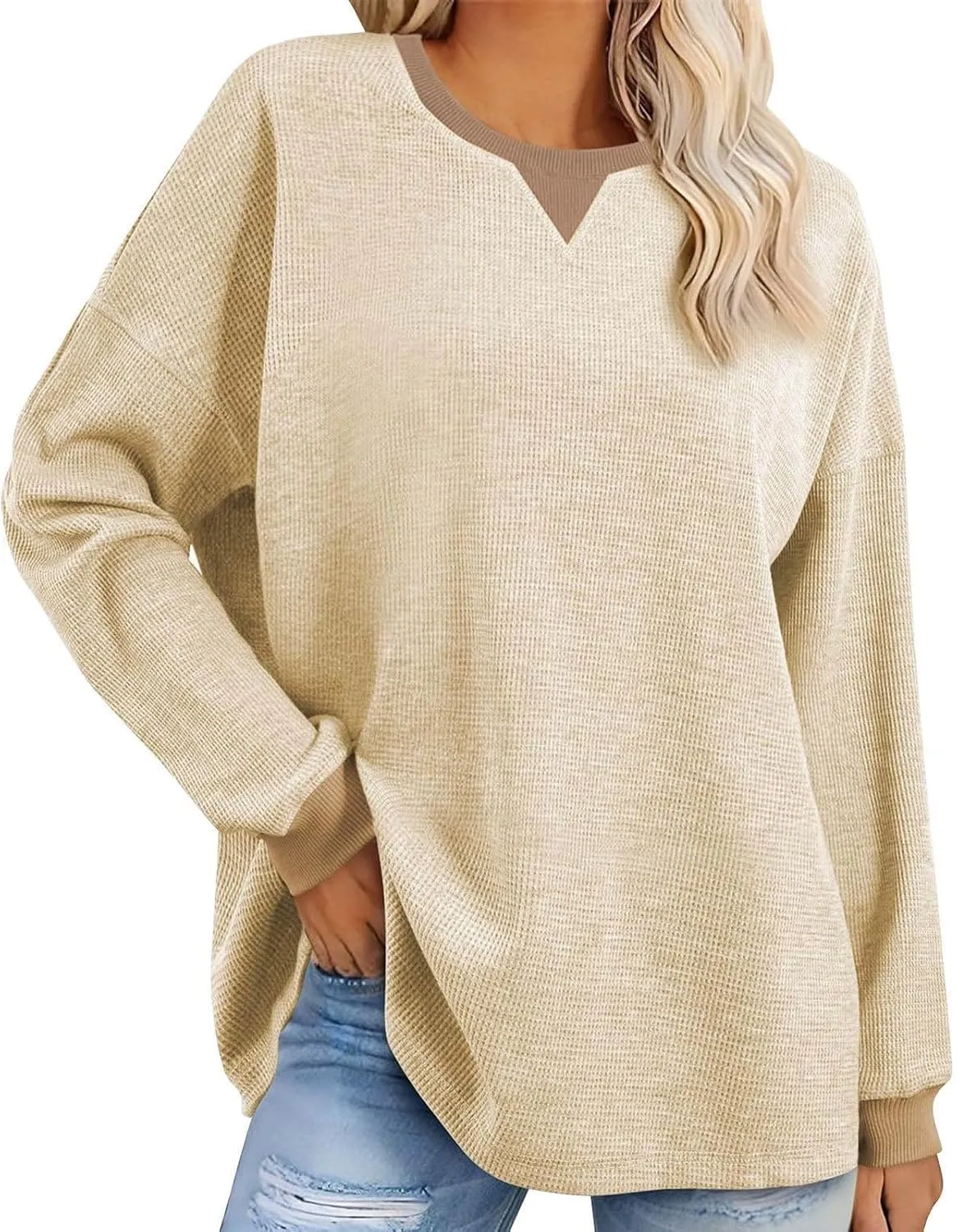Womens Long Sleeve Crewneck Sweatshirt Trendy 2024 Casual Waffle Knit Pullover Tops Oversized Fall Sweatshirts