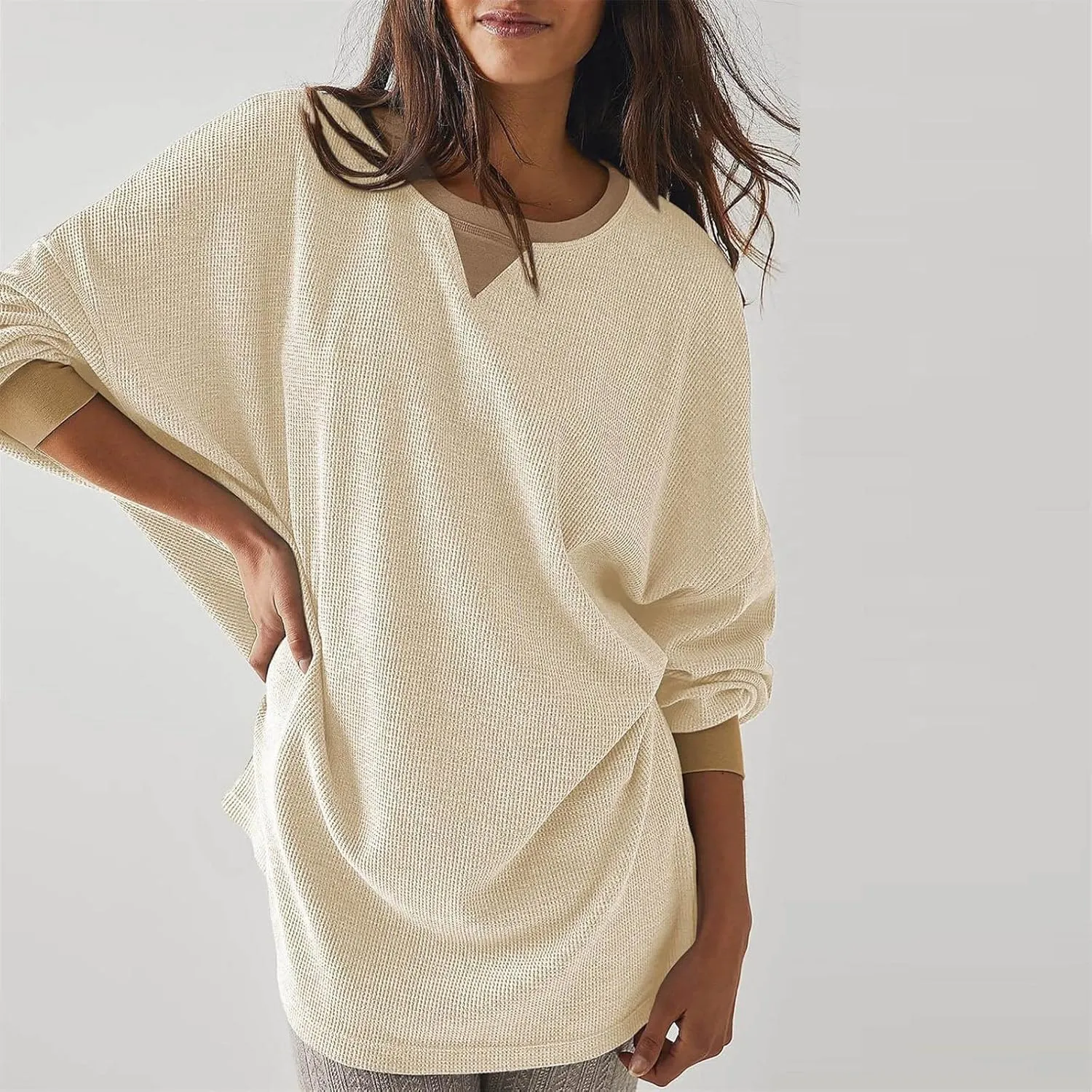 Womens Long Sleeve Crewneck Sweatshirt Trendy 2024 Casual Waffle Knit Pullover Tops Oversized Fall Sweatshirts