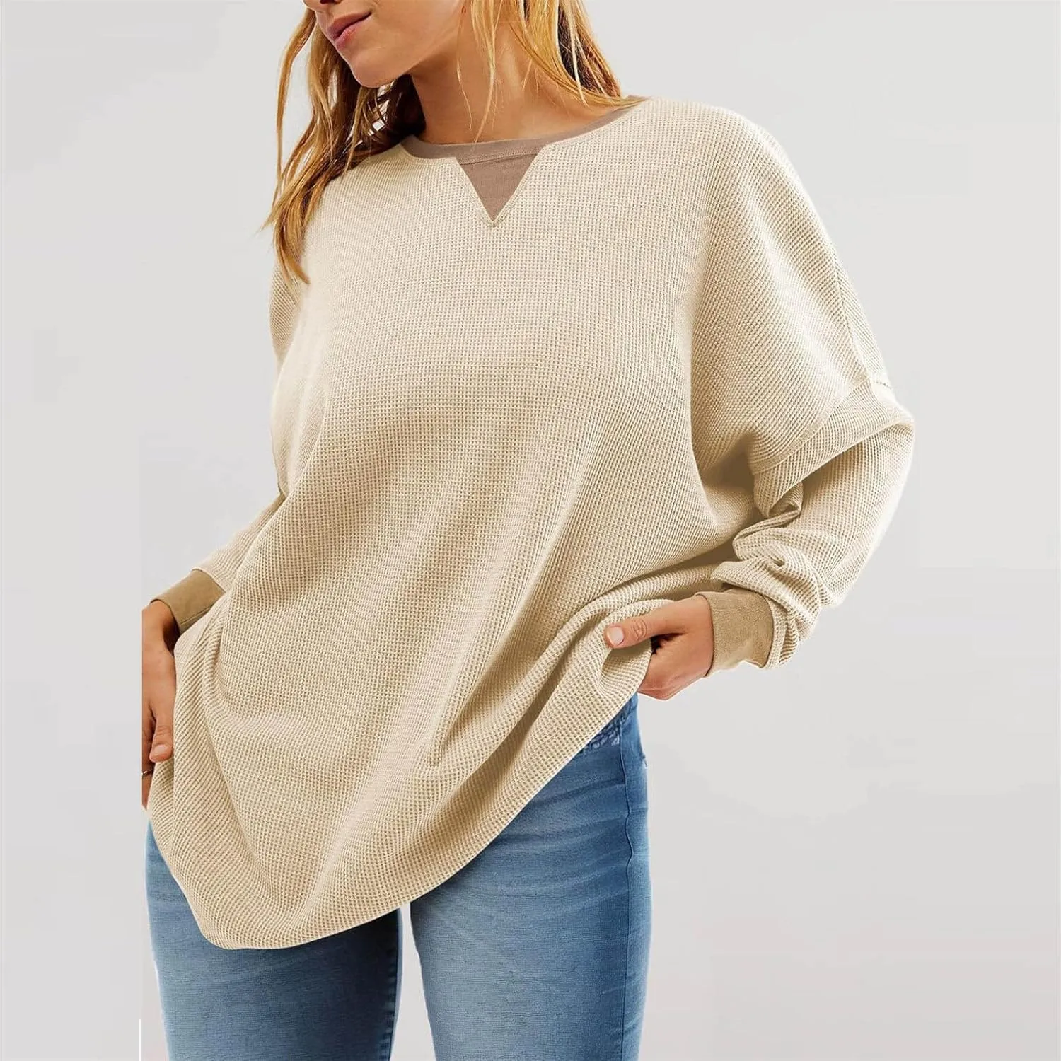Womens Long Sleeve Crewneck Sweatshirt Trendy 2024 Casual Waffle Knit Pullover Tops Oversized Fall Sweatshirts