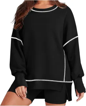 Womens Oversized Crewneck Sweatshirts Casual Long Sleeve Trendy Contrast Stitching High Low Fall Pullover Tops