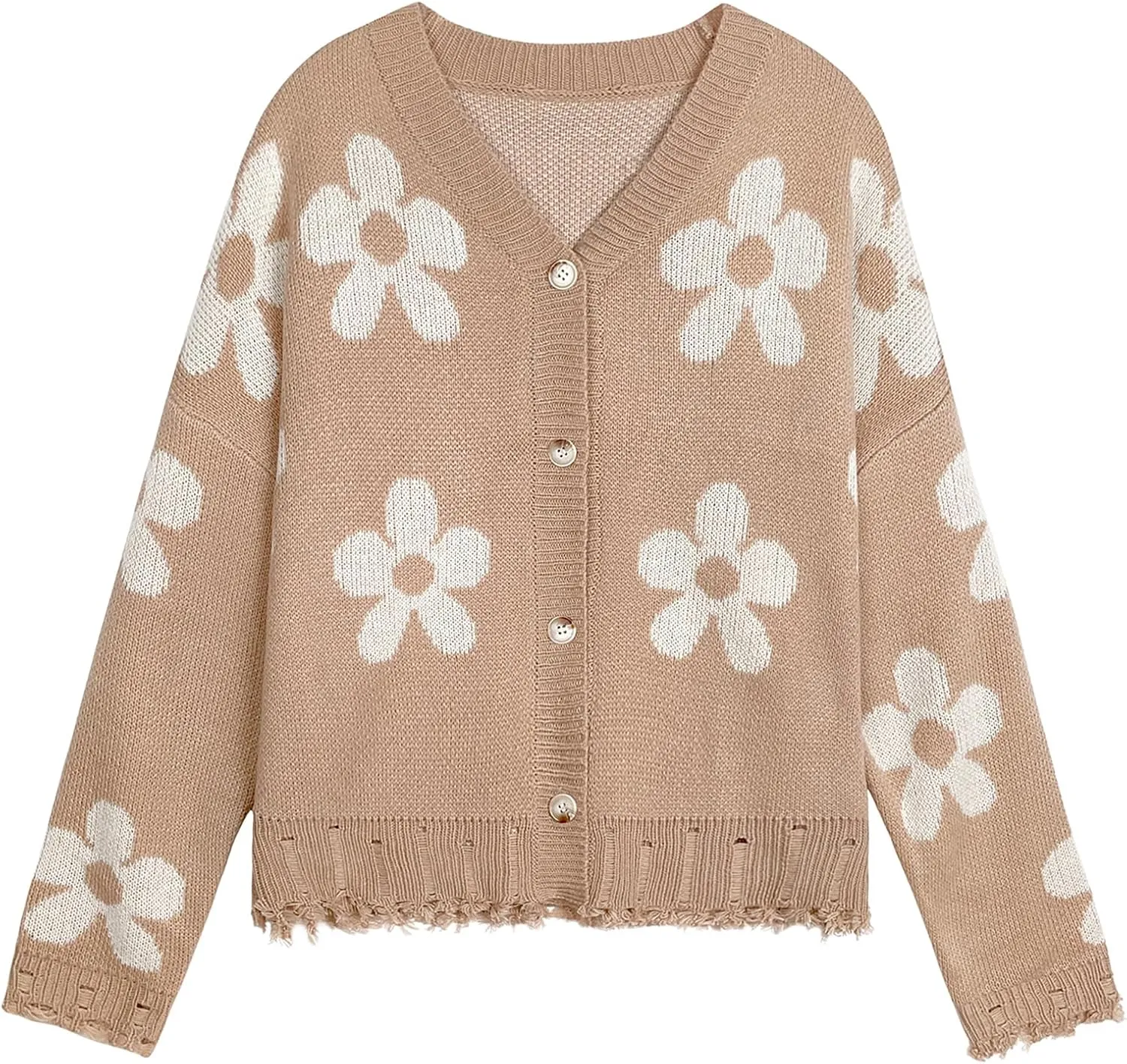 Womens Oversized Cute Flower Distressed Hem Button Cardigan Fall 2024 Lightweight Ribbed Knit Sweater Cardigans