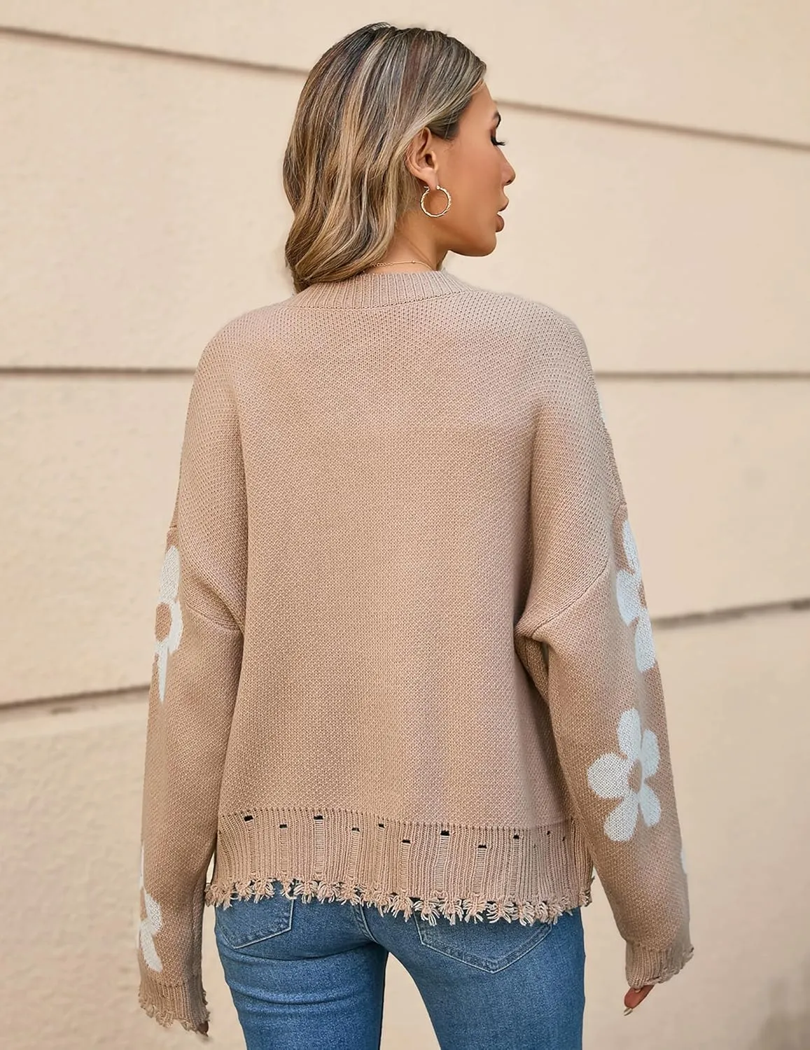 Womens Oversized Cute Flower Distressed Hem Button Cardigan Fall 2024 Lightweight Ribbed Knit Sweater Cardigans