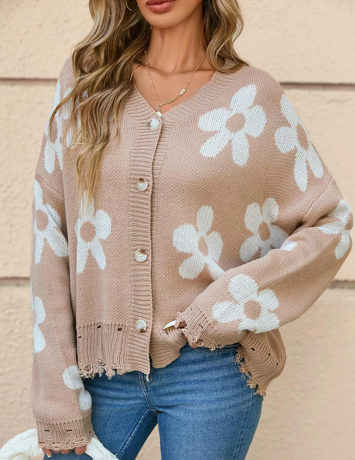 Womens Oversized Cute Flower Distressed Hem Button Cardigan Fall 2024 Lightweight Ribbed Knit Sweater Cardigans
