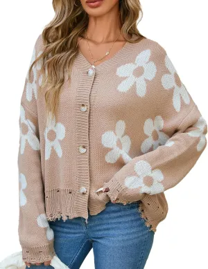 Womens Oversized Cute Flower Distressed Hem Button Cardigan Fall 2024 Lightweight Ribbed Knit Sweater Cardigans