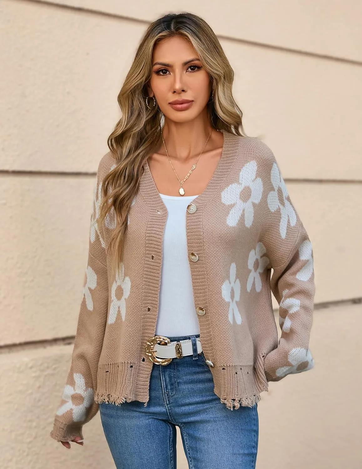 Womens Oversized Cute Flower Distressed Hem Button Cardigan Fall 2024 Lightweight Ribbed Knit Sweater Cardigans