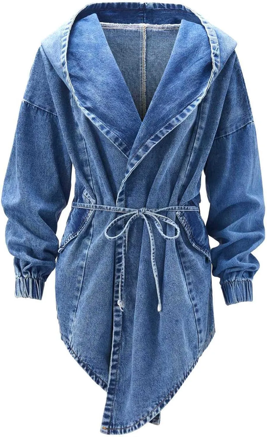 Women's Oversized Hooded Jean Jacket Casual Long Sleeve Loose Fit Denim Trench Coat Cape Jackets with Belt