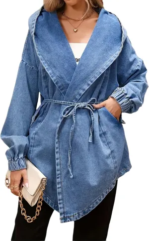 Women's Oversized Hooded Jean Jacket Casual Long Sleeve Loose Fit Denim Trench Coat Cape Jackets with Belt