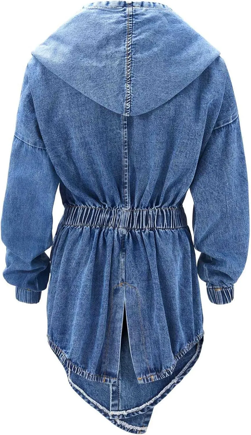 Women's Oversized Hooded Jean Jacket Casual Long Sleeve Loose Fit Denim Trench Coat Cape Jackets with Belt