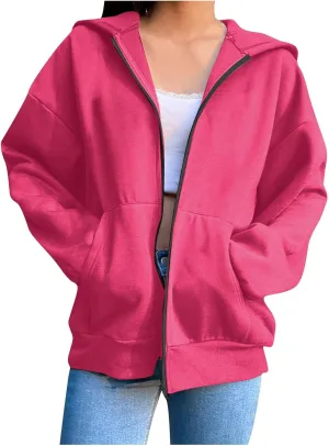 Women's Oversized Hoodies for Women Zip Up Long Sleeve Sweatshirt Casual Plain Hooded Jackets Cute Coat with Pockets