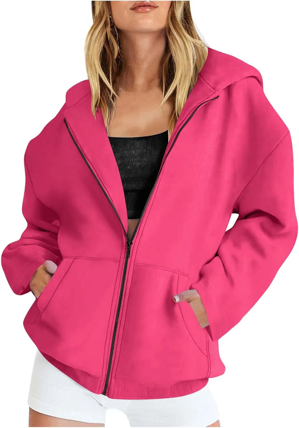 Women's Oversized Hoodies for Women Zip Up Long Sleeve Sweatshirt Casual Plain Hooded Jackets Cute Coat with Pockets