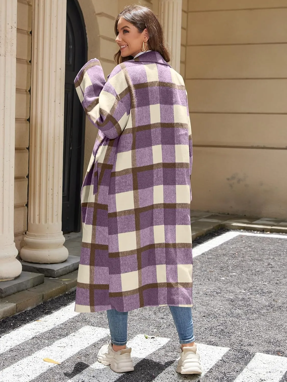 Women's Oversized Plaid Wool Coat Casual Lapel Collar Double Breasted Winter Long Pea Coat with Pockets