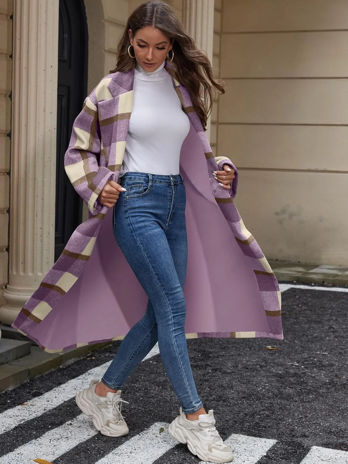 Women's Oversized Plaid Wool Coat Casual Lapel Collar Double Breasted Winter Long Pea Coat with Pockets
