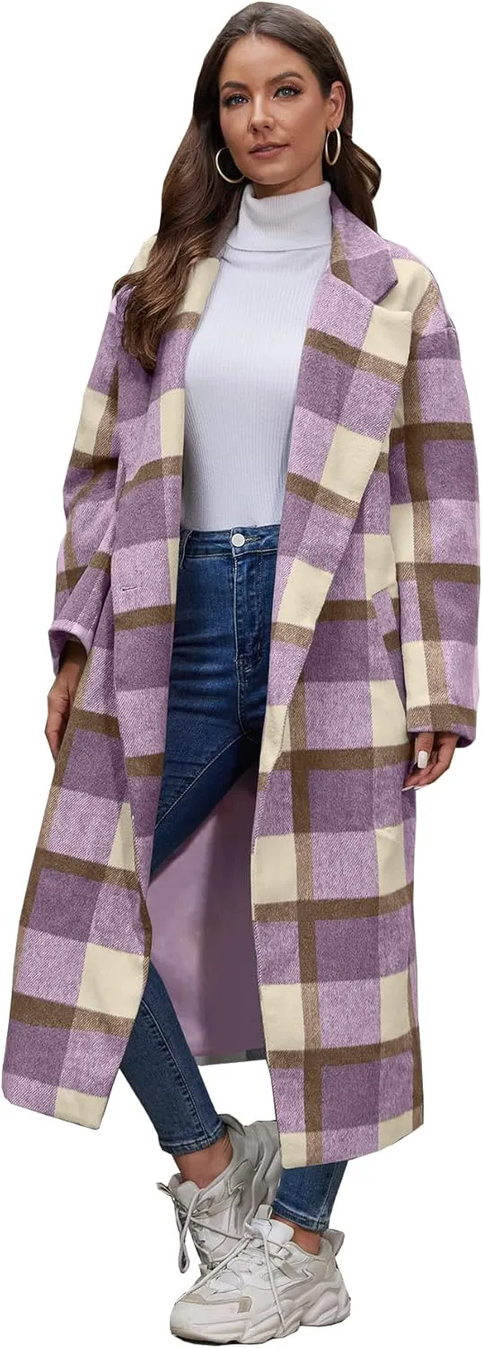 Women's Oversized Plaid Wool Coat Casual Lapel Collar Double Breasted Winter Long Pea Coat with Pockets