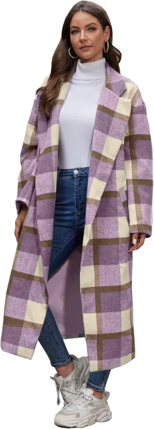 Women's Oversized Plaid Wool Coat Casual Lapel Collar Double Breasted Winter Long Pea Coat with Pockets