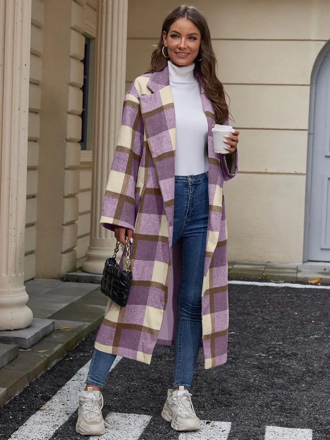 Women's Oversized Plaid Wool Coat Casual Lapel Collar Double Breasted Winter Long Pea Coat with Pockets