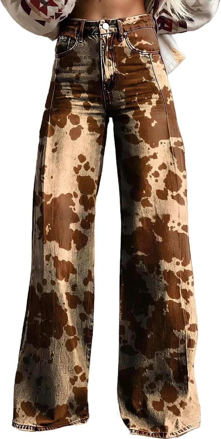 Womens Petite Flare Jeans Wide Leg Baggy Print Pants Vintage Boho Floral Low Waisted Straight Trousers with Pocket