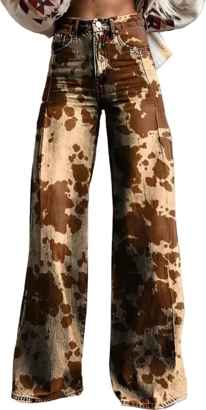 Womens Petite Flare Jeans Wide Leg Baggy Print Pants Vintage Boho Floral Low Waisted Straight Trousers with Pocket