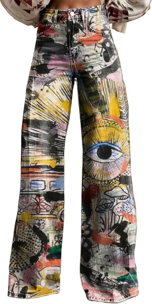 Womens Petite Flare Jeans Wide Leg Baggy Print Pants Vintage Boho Floral Low Waisted Straight Trousers with Pocket