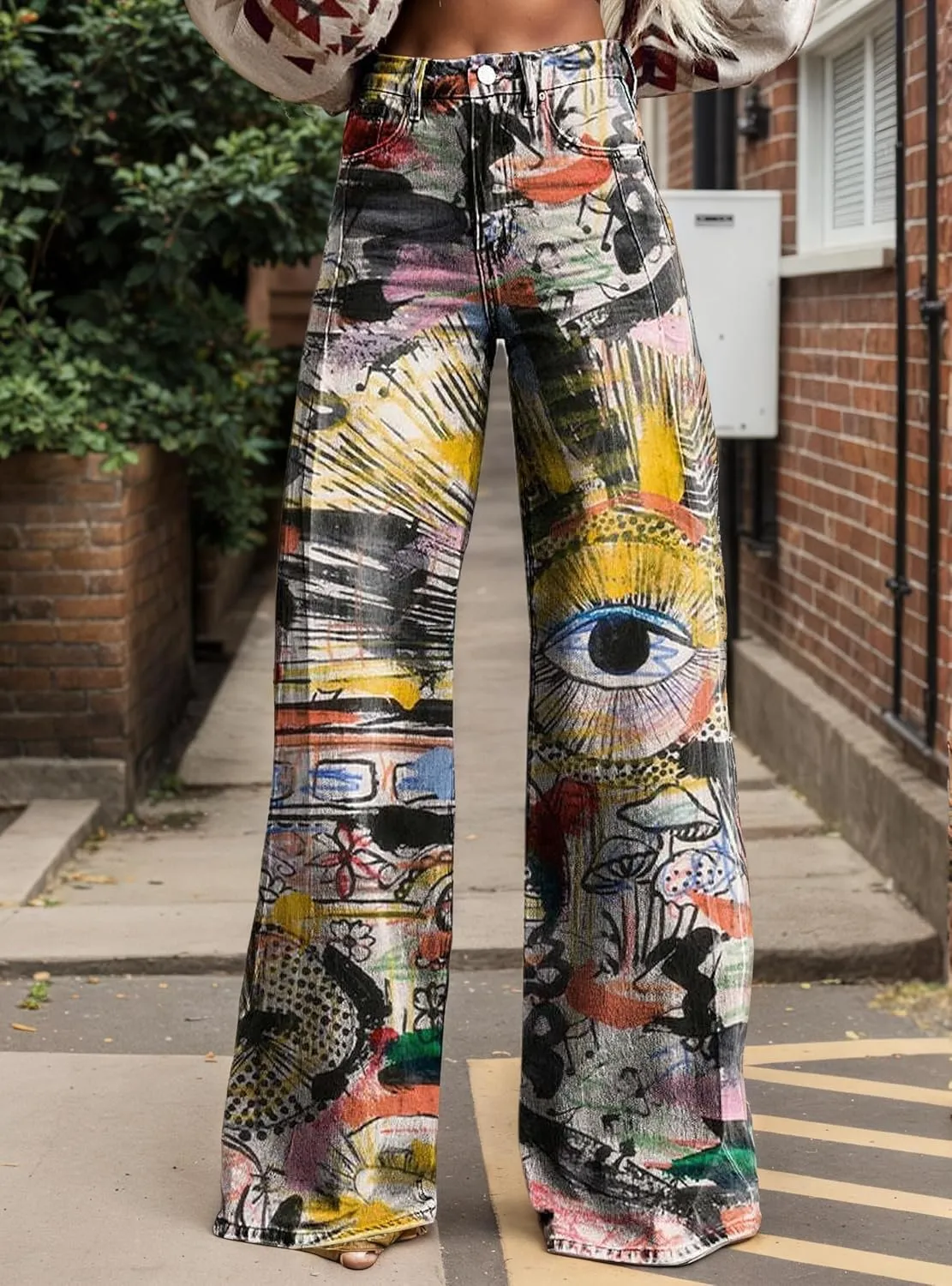 Womens Petite Flare Jeans Wide Leg Baggy Print Pants Vintage Boho Floral Low Waisted Straight Trousers with Pocket