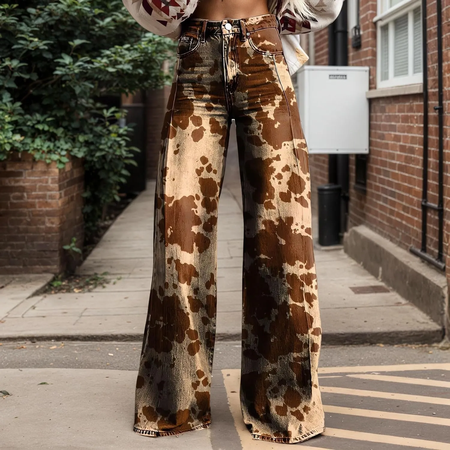 Womens Petite Flare Jeans Wide Leg Baggy Print Pants Vintage Boho Floral Low Waisted Straight Trousers with Pocket