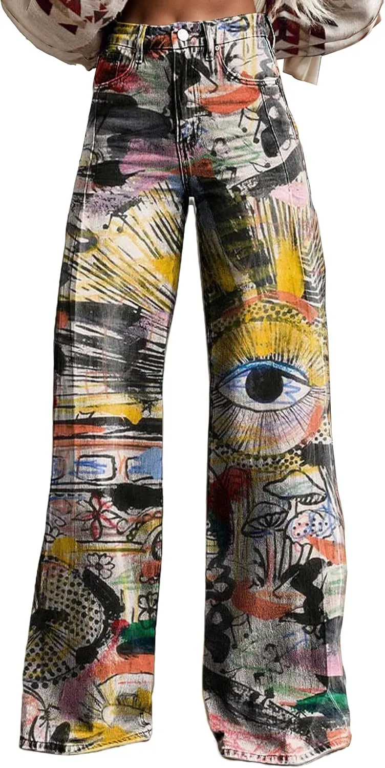 Womens Petite Flare Jeans Wide Leg Baggy Print Pants Vintage Boho Floral Low Waisted Straight Trousers with Pocket