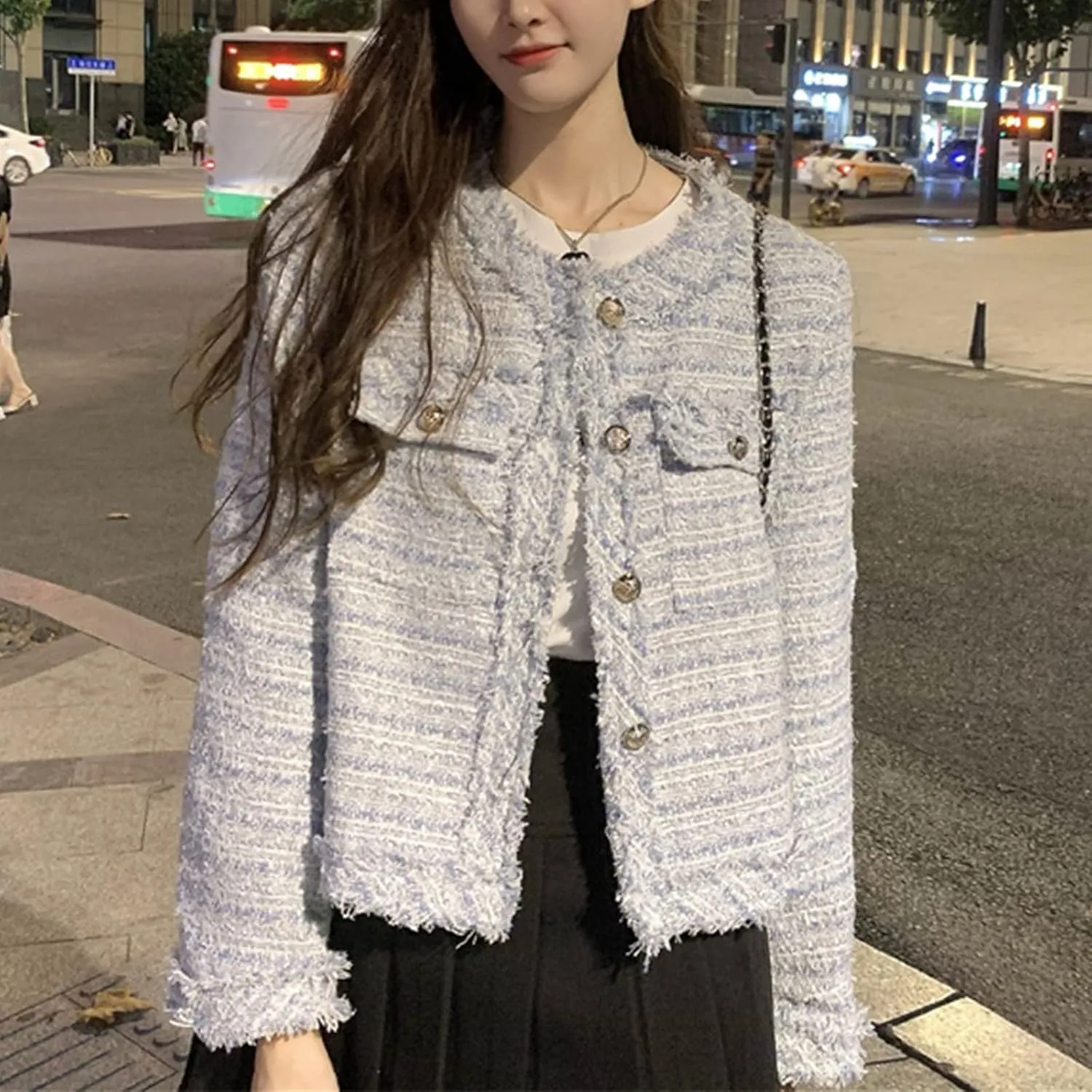 Women's Plaid White Tweed Blazer Open Front Collarless Blazer Elegant Work Cropped Jacket Coat