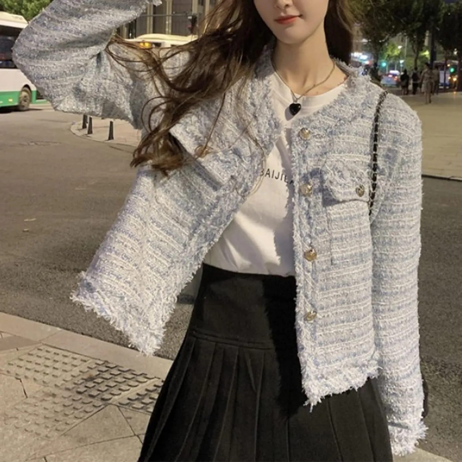 Women's Plaid White Tweed Blazer Open Front Collarless Blazer Elegant Work Cropped Jacket Coat