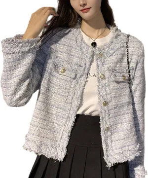 Women's Plaid White Tweed Blazer Open Front Collarless Blazer Elegant Work Cropped Jacket Coat