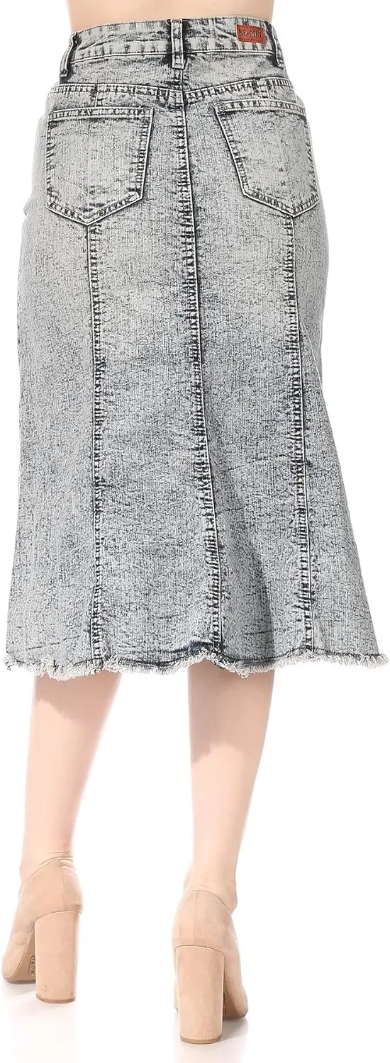 Womens Plus/Juniors Mid Waist Below Knee Length Denim Skirt in Pencil Silhouette