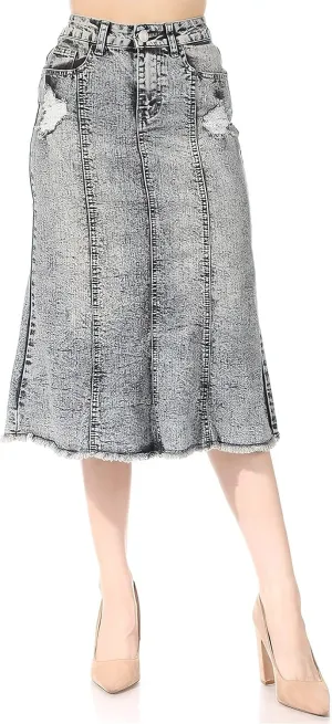Womens Plus/Juniors Mid Waist Below Knee Length Denim Skirt in Pencil Silhouette