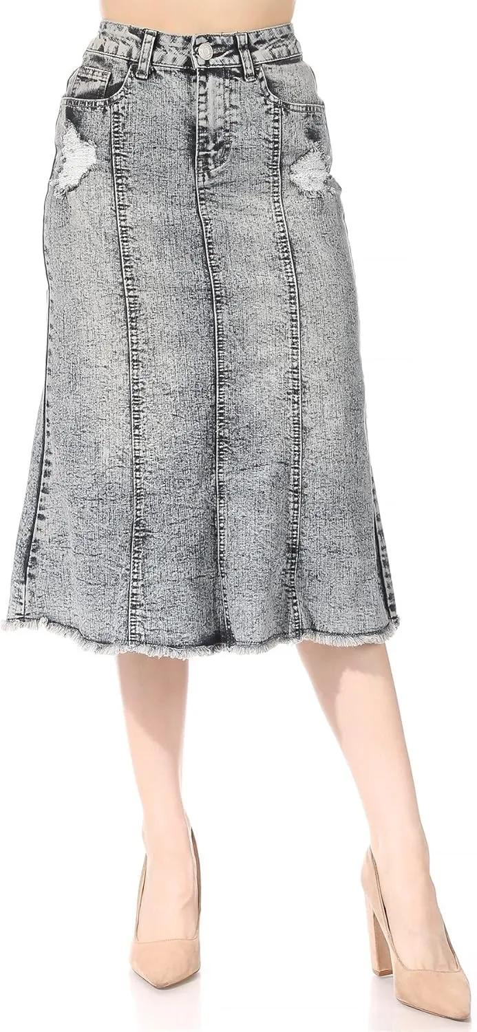 Womens Plus/Juniors Mid Waist Below Knee Length Denim Skirt in Pencil Silhouette