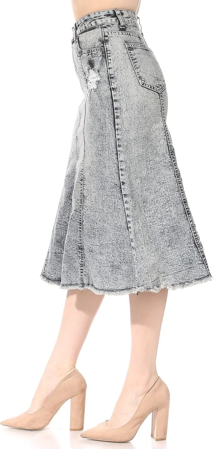 Womens Plus/Juniors Mid Waist Below Knee Length Denim Skirt in Pencil Silhouette