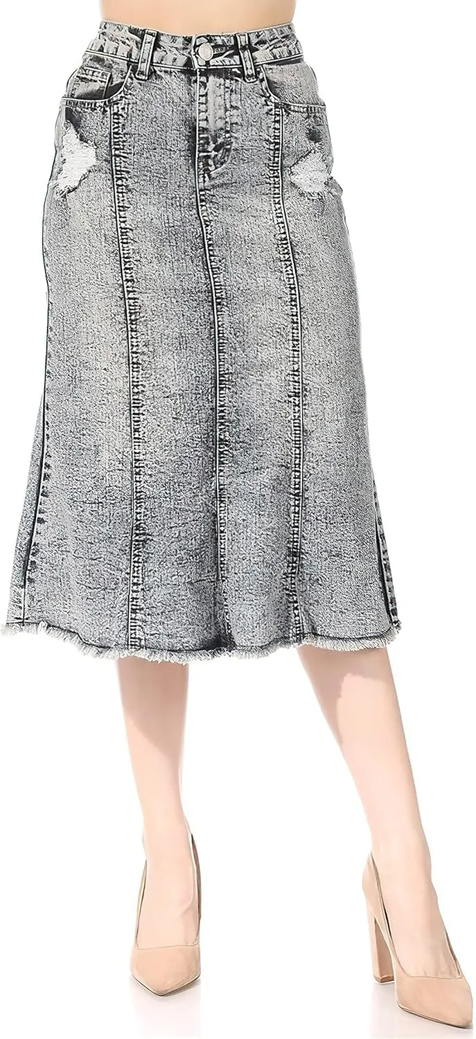 Womens Plus/Juniors Mid Waist Below Knee Length Denim Skirt in Pencil Silhouette