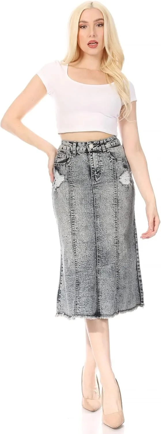 Womens Plus/Juniors Mid Waist Below Knee Length Denim Skirt in Pencil Silhouette