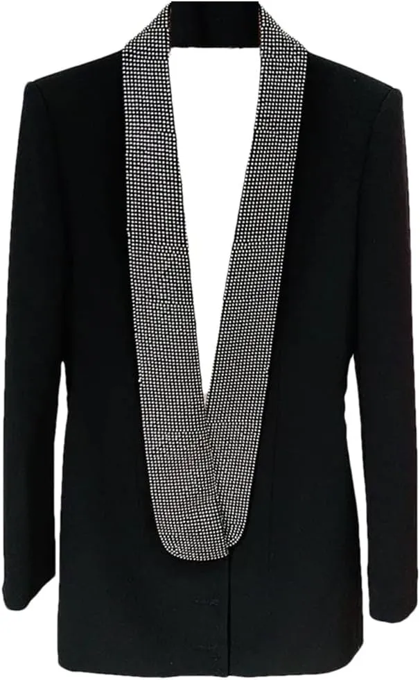 Women's Rhinestone Hollow Open Back Sexy Long Sleeve Long Suit Coat Blazer