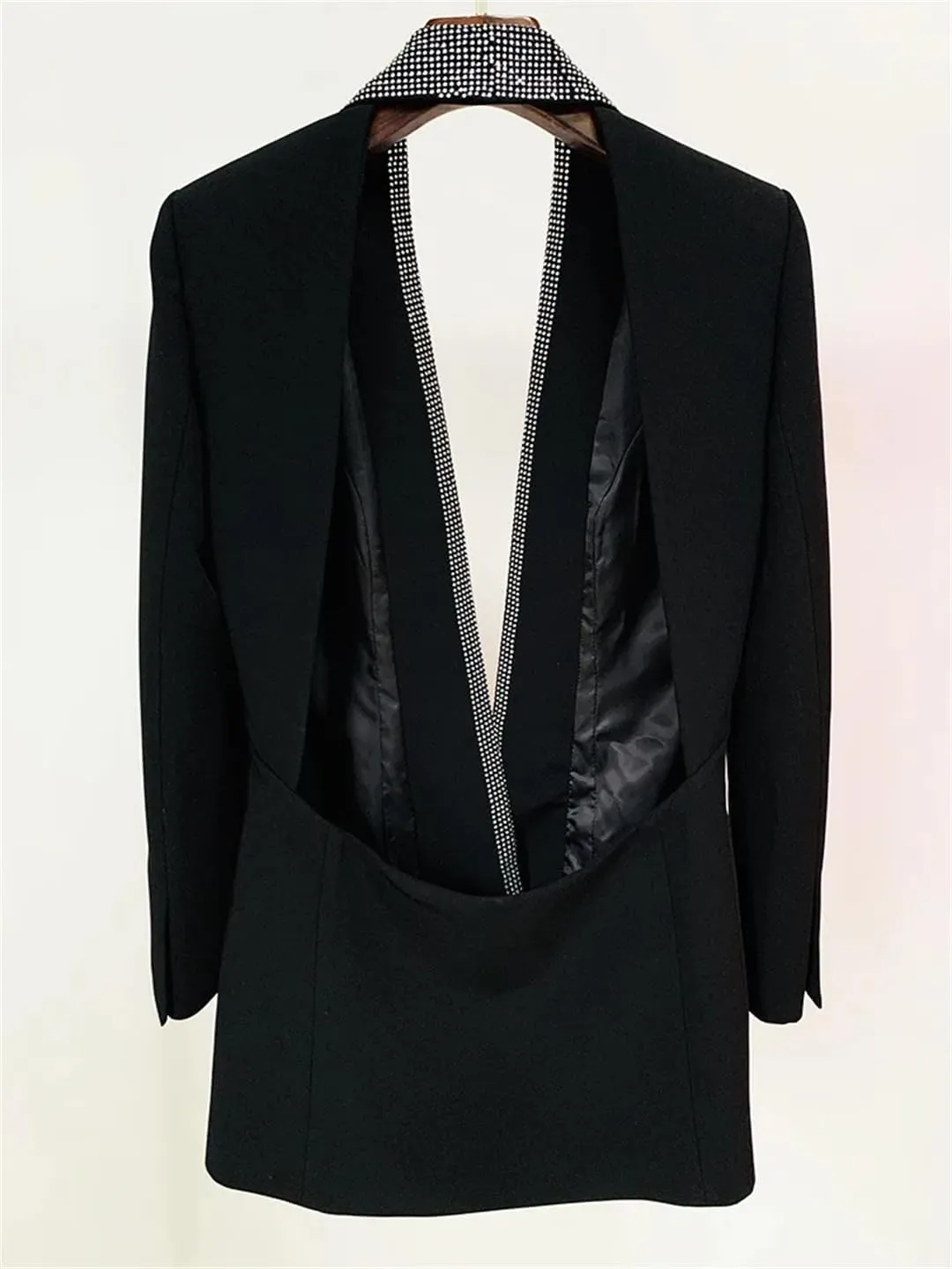Women's Rhinestone Hollow Open Back Sexy Long Sleeve Long Suit Coat Blazer