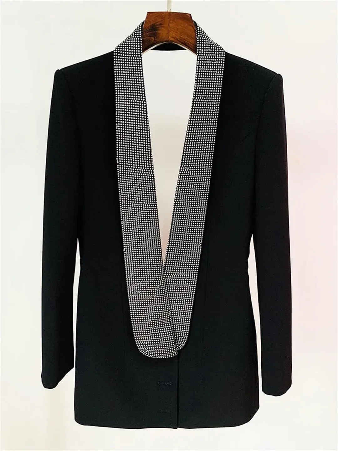 Women's Rhinestone Hollow Open Back Sexy Long Sleeve Long Suit Coat Blazer