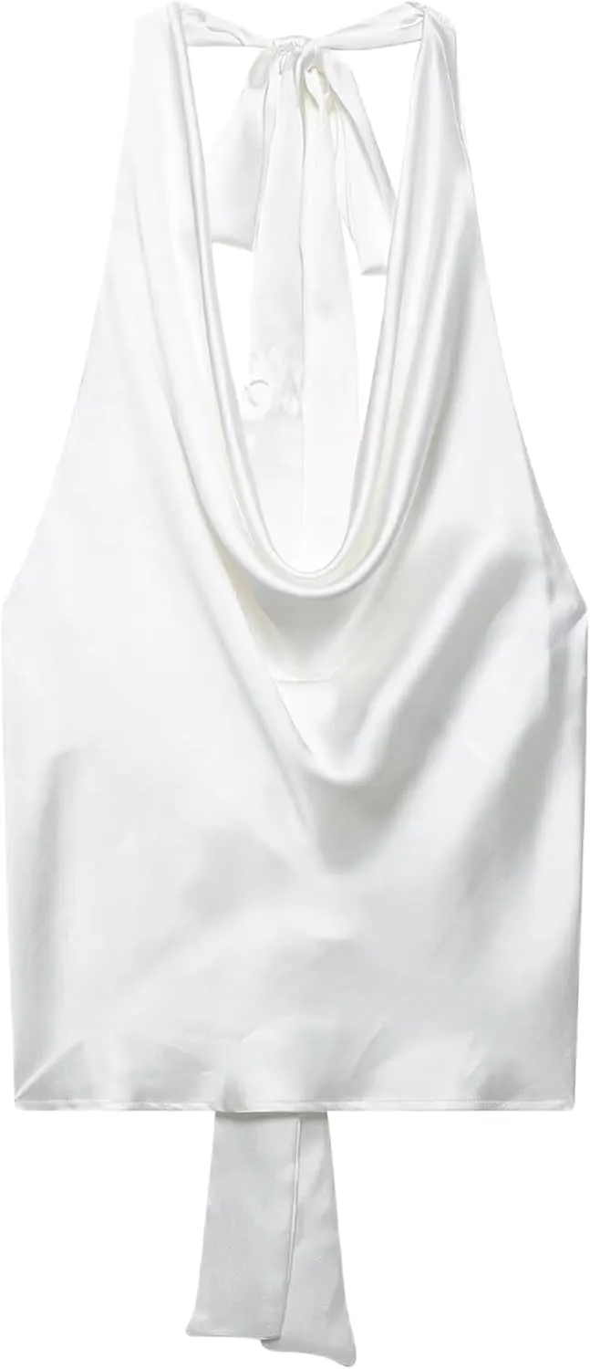 Womens Silk Backless Tank Top Elegant Satin Blouse Tie Back Halter Neck Classic Lady Vest