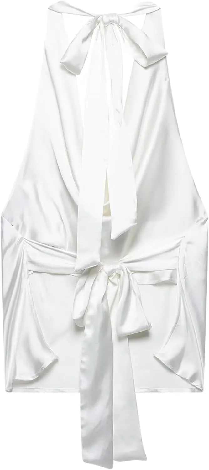 Womens Silk Backless Tank Top Elegant Satin Blouse Tie Back Halter Neck Classic Lady Vest