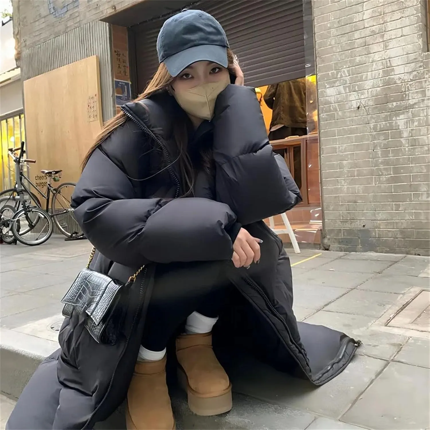 Women's Solid Oversized Thickn Parka Coat Classic Stand Collar Long Cotton-Padded Jacket