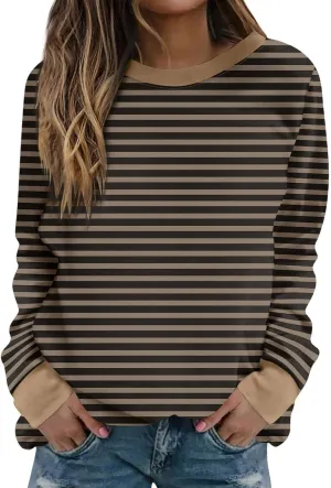 Womens Striped Sweatshirt Trendy Fleece Long Sleeve Crewneck Pullover Tops Regular Fit Fall Fashion Outfits 2024