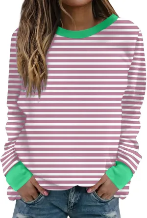 Womens Striped Sweatshirt Trendy Fleece Long Sleeve Crewneck Pullover Tops Regular Fit Fall Fashion Outfits 2024