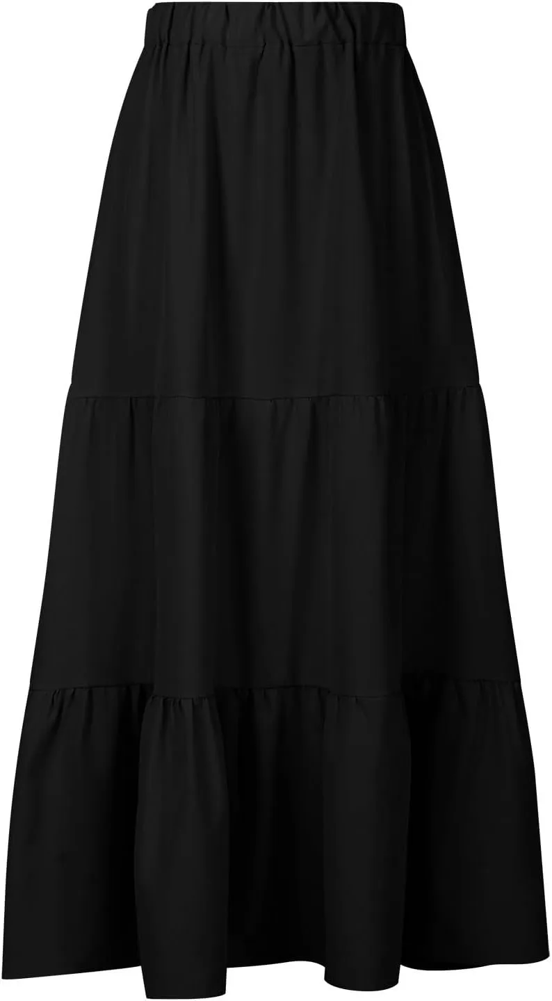 Womens Summer Casual Beach Skirts Elastic Waist Pleated A-Line Flowy Skirt with Pocket Basic Solid Midi Skirt