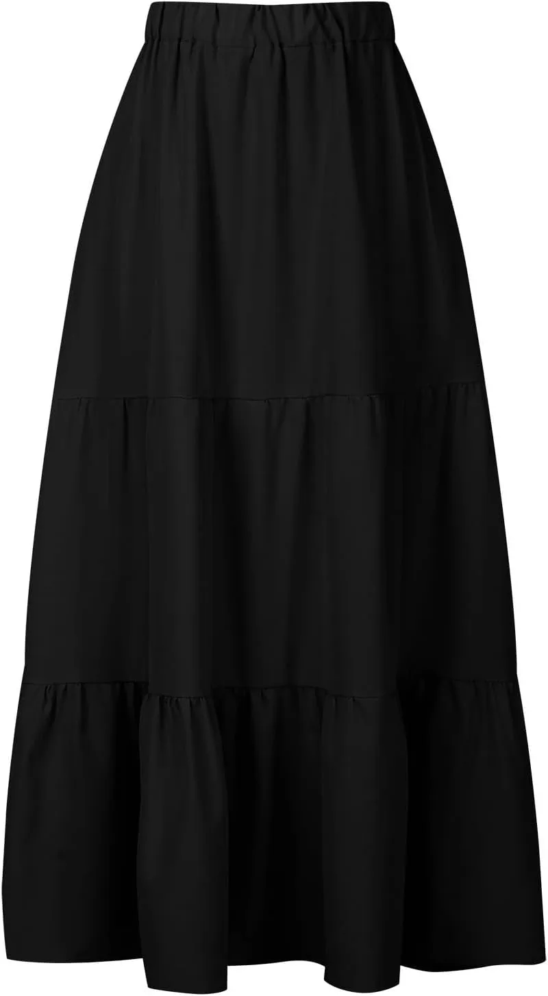 Womens Summer Casual Beach Skirts Elastic Waist Pleated A-Line Flowy Skirt with Pocket Basic Solid Midi Skirt
